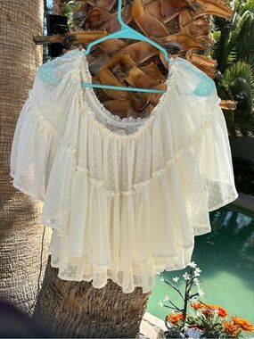 Lovestitch Cream Swiss Dot Off-Shoulder Ruffle Blouse